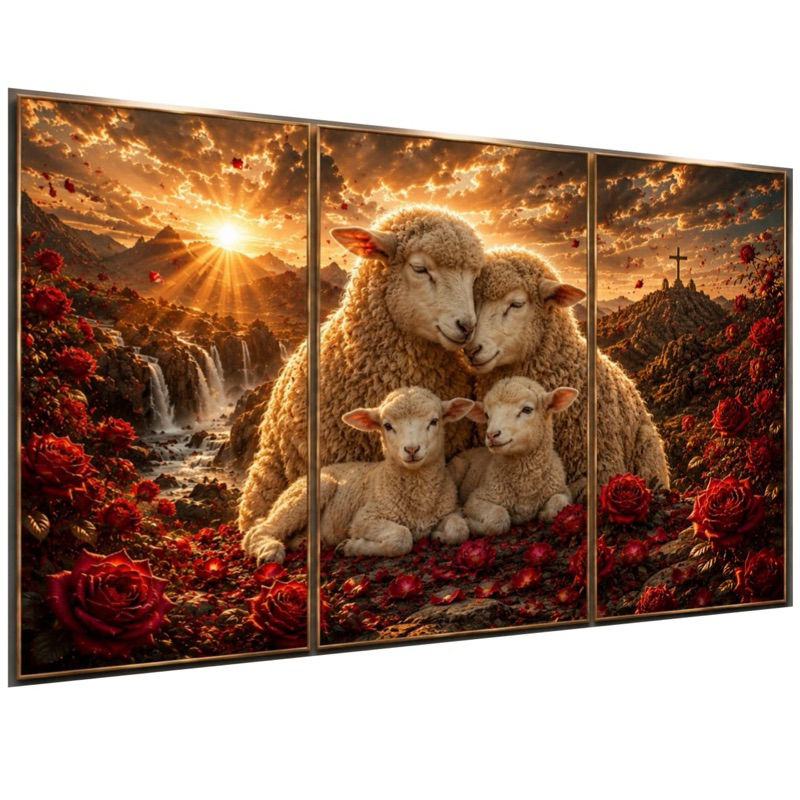 Quadros Decorativos Família De Cordeiro Religioso Rosas Vermelhas Por Do Sol 3 Peças Sala Quarto Escritório Decoração