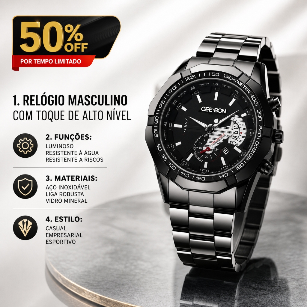 Relógio Masculino Aço Inoxidável à Prova D'água Negócios Moda de Luxo Automático Quartzo GEE·BON