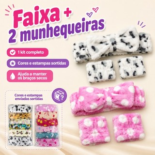 Kit Faixa de Cabelo com Laço + 2 Pulseiras Absorventes para Lavar o Rosto e Skincare