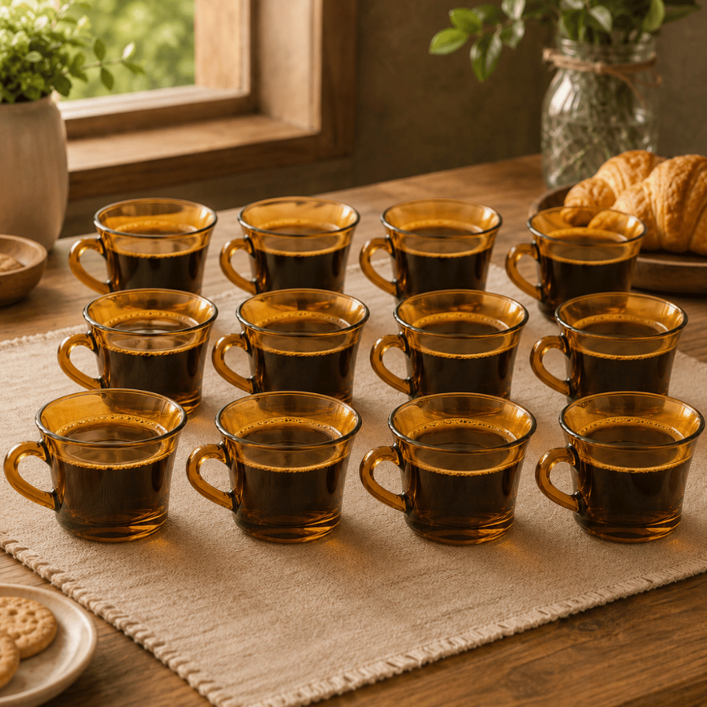 Jogo de Xicara 12 Peças 200ml SINO AMBAR Marrom Vidro Chá Café Conjunto Xicaras Louças Clássica