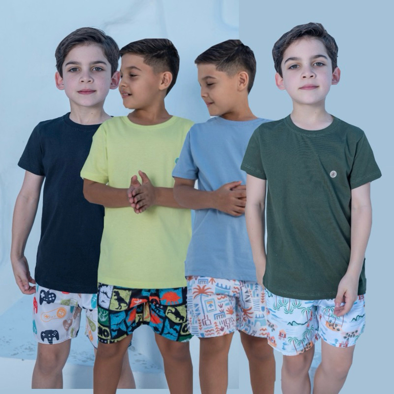Conjunto Infantil Menino Camisa 100% Algodão + Bermuda Tactel com Estampa – verão passeio conforto 2 a 12 anos