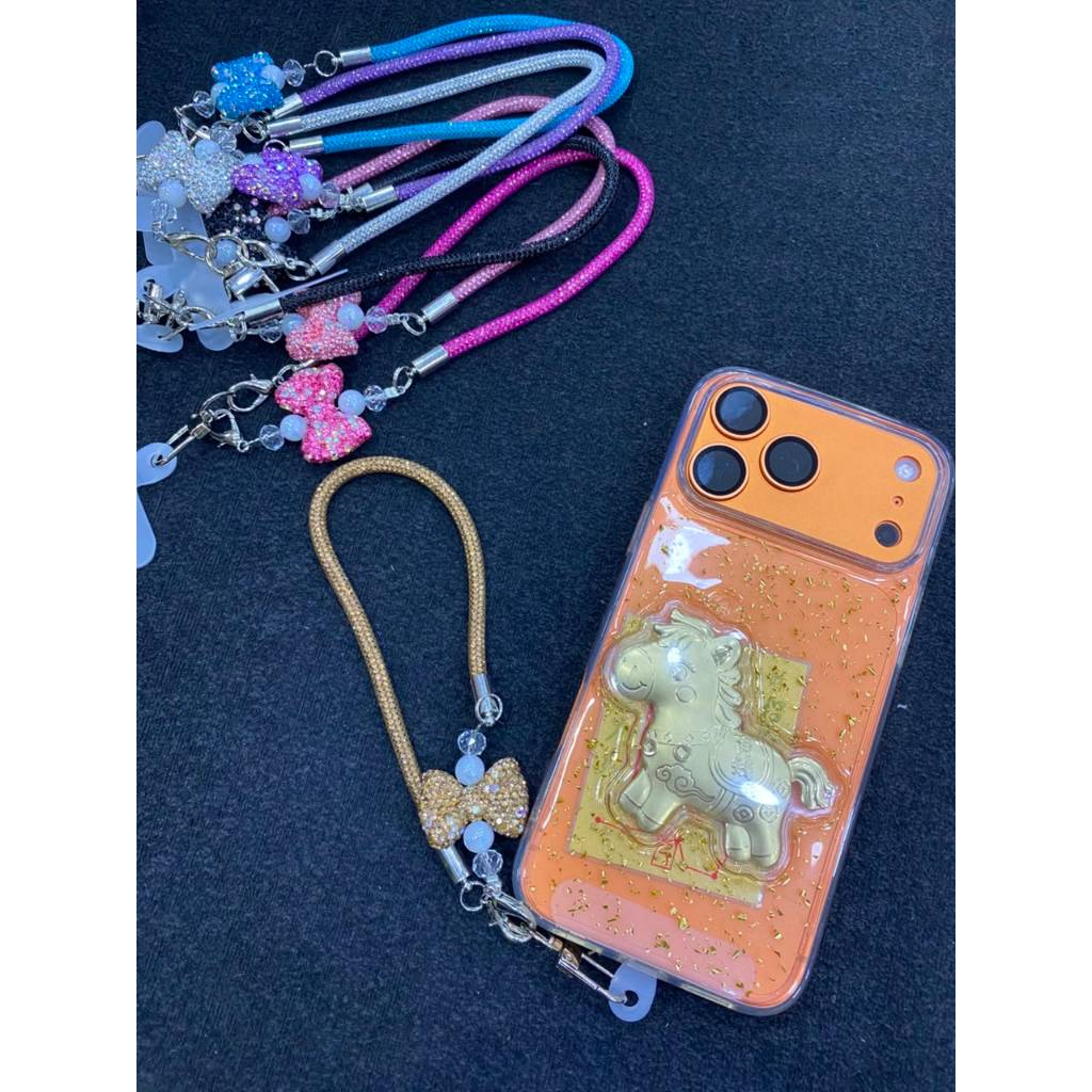 Cordão para Celular Universal Com Stress Brilhoso Pingente Laço Feminino + adaptador de Silicone