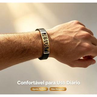 Pulseira Masculina Prata Dourado - Jesus em Aço Inox, Silicone Ajustável