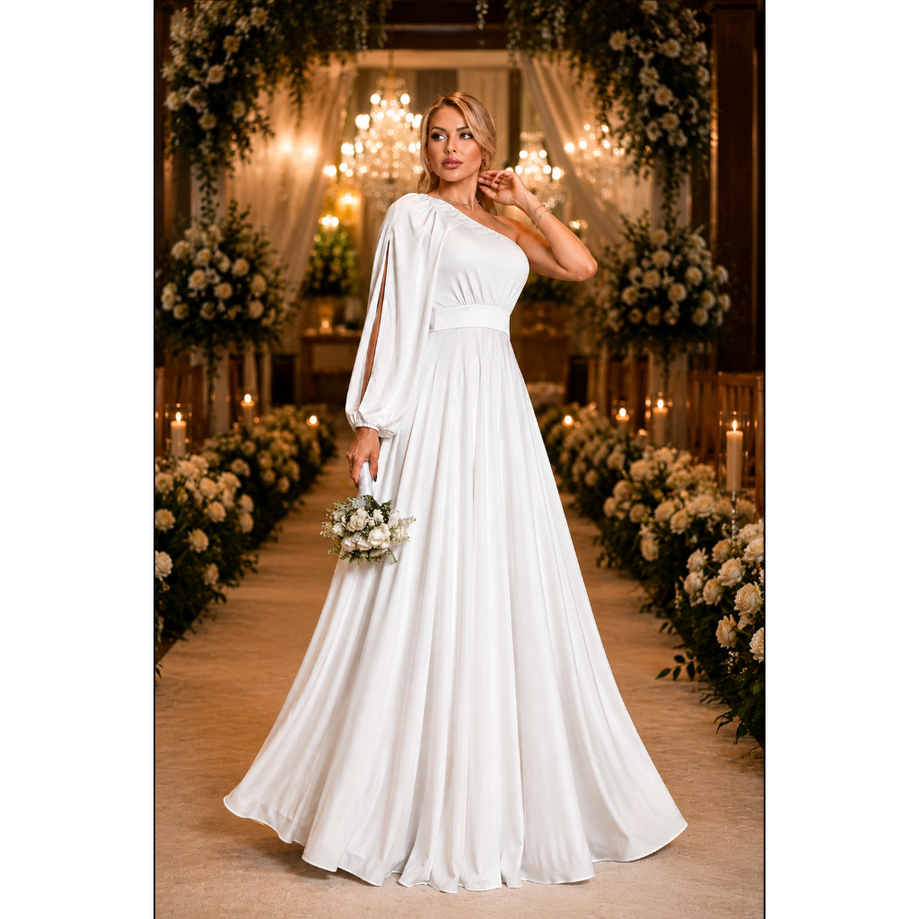 Vestido Social Longo Festa Elegante  Casamento Noiva  Batizado Nula Manga Ana Bela