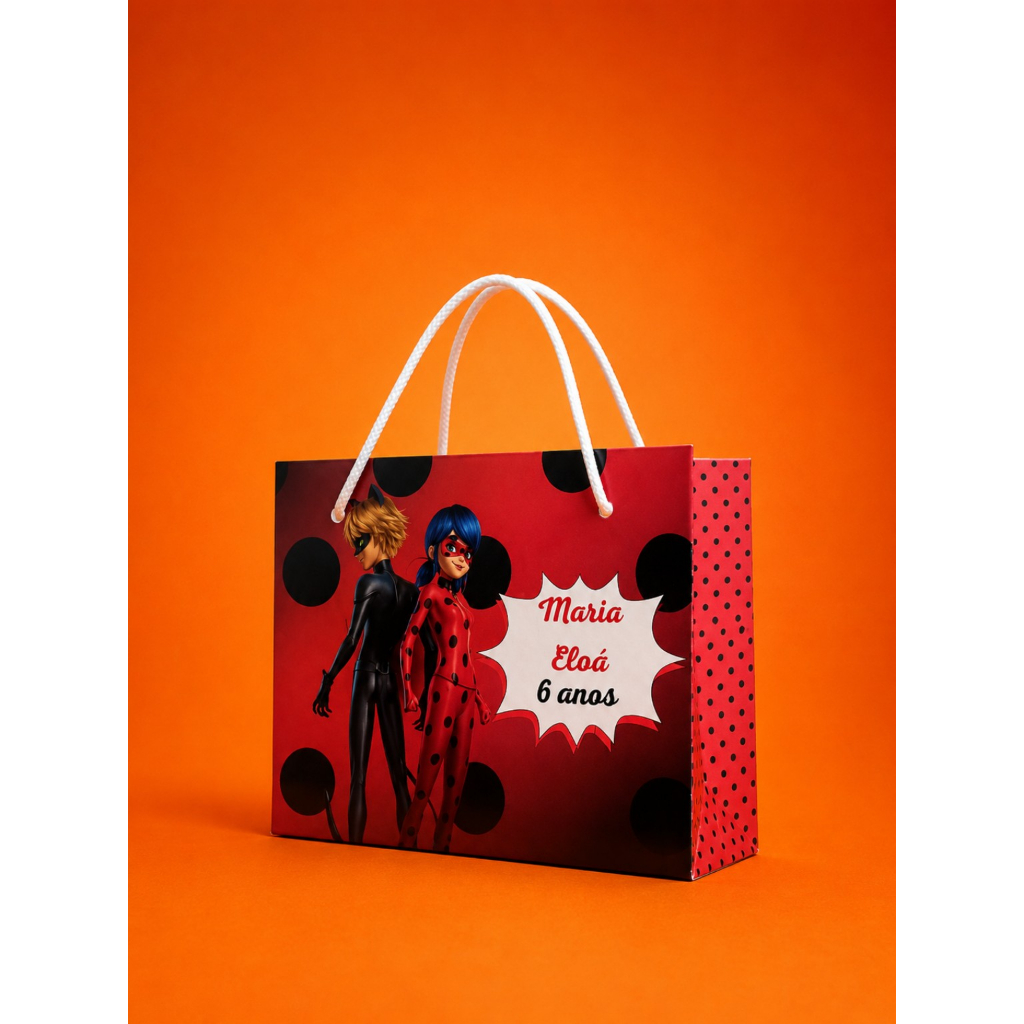 Kit 15 Sacolinha Personalizada Ladybug Montada com Alça de Cordão | Lembrancinha de Aniversário Infantil