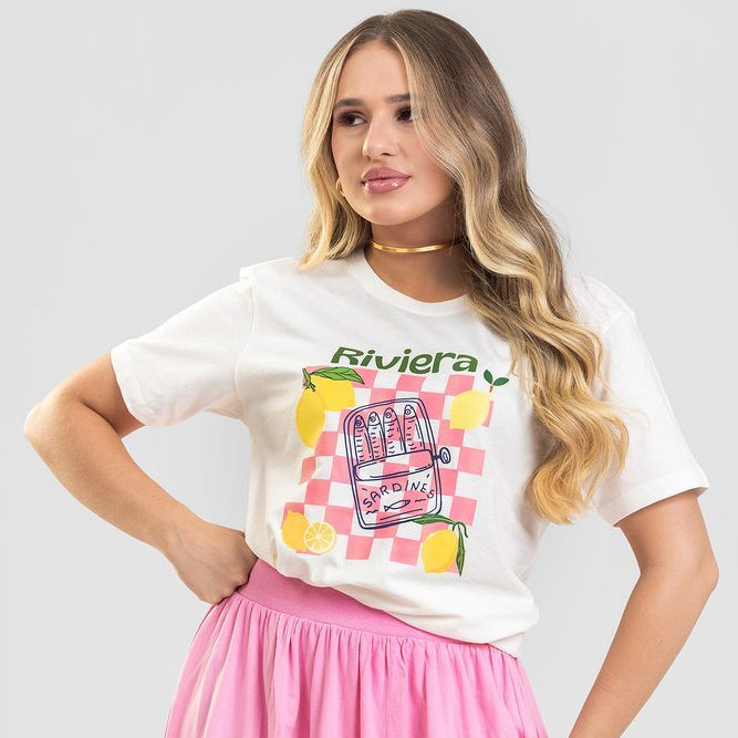 Camiseta Feminina Moda Casual Off White Riviera em Malha 100% Algodão Tecido Leve