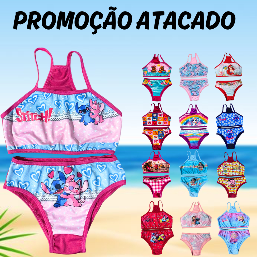 Kit 50 Biquini Feminino Infantil Conjunto Praia Piscina Verão Conjuntinho Menina Desenhos presente