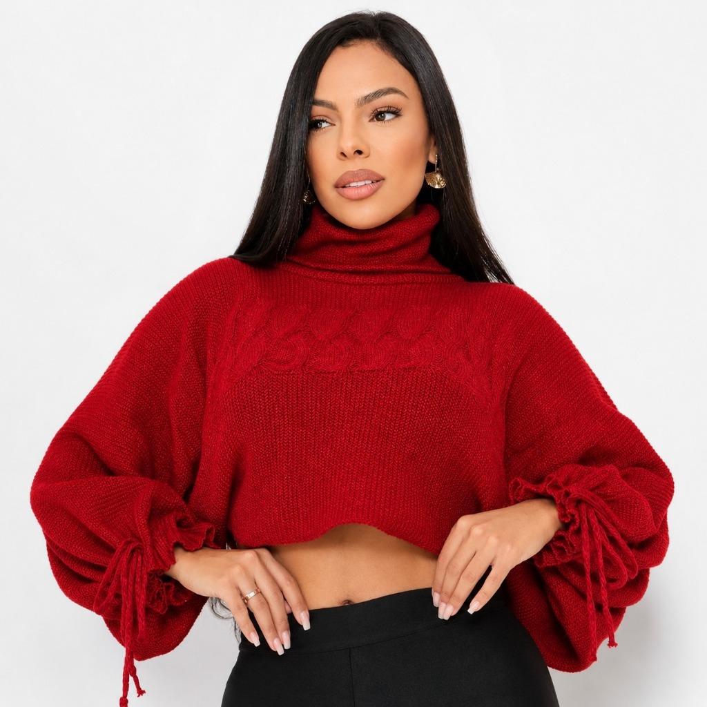 Cropeed Feminino Gola Alta Manga Bufante Blusa Curta Moda Outono Look Elegante