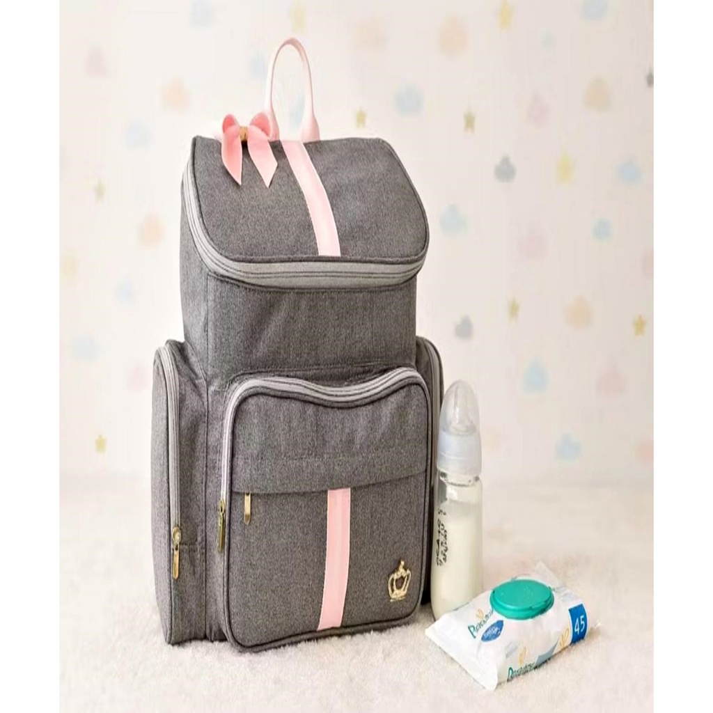 Mochila Maternidade Bolsa Bebe Cinza com Rosa Laço Luxo Grande Linho