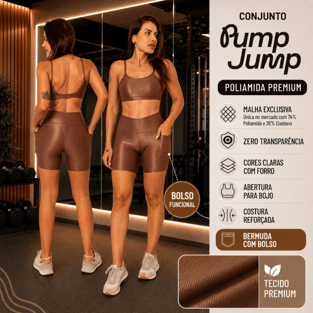Conjunto Bermuda com Bolso + Top Fita Costas Abertas Micro Canelada Poliamida Premium Academia Feminino
