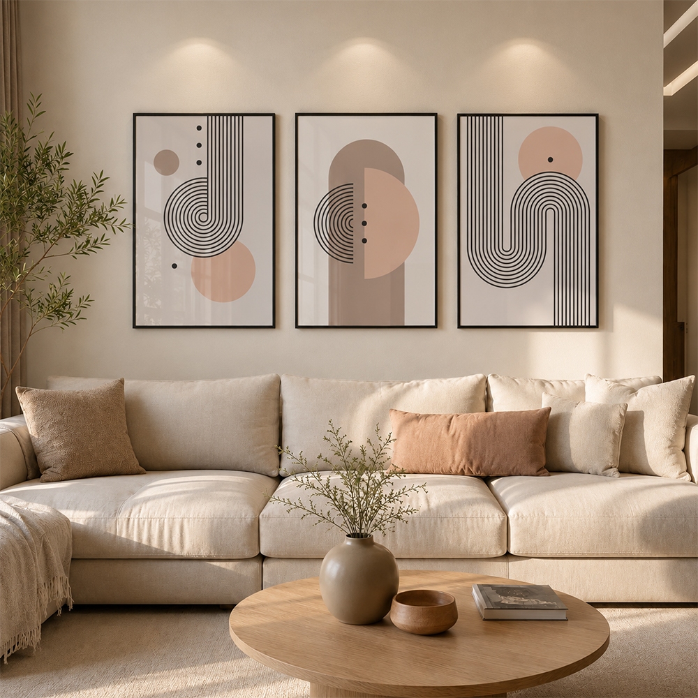 3 Quadros Decorativos Geometricos Elegância Curvilínea com Moldura Sala Quarto Escritorio