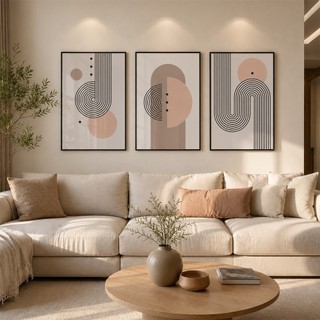 3 Quadros Decorativos Geometricos Elegância Curvilínea com Moldura Sala Quarto Escritorio
