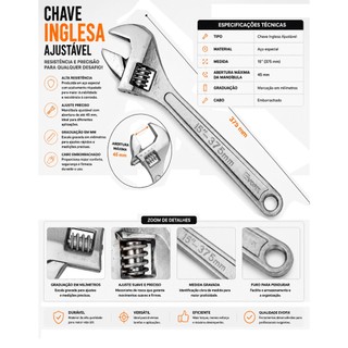 Chave Inglesa Ajustável 15 Polegadas 375mm Aço Cromada Ferramenta Resistente