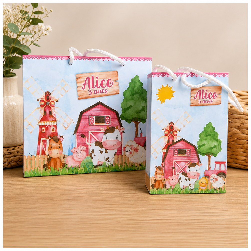 Pegue e monte - Sacolinha personalizada FAZENDINHA ROSA - lembrancinha sacola bolsinha sacolinhas para lembrancinha