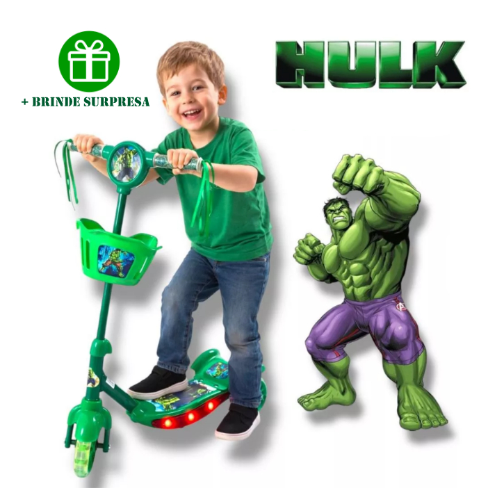 Patinete Hulk Infantil Verde Menino Com Cesta Luz Musical 3 Rodas Altura Ajustável + Surpresa