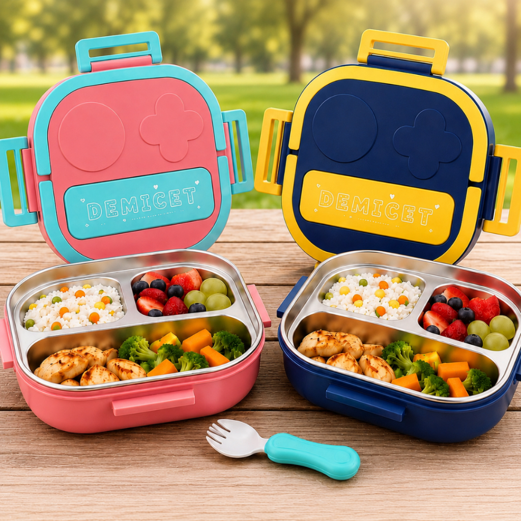 Lancheira Marmita Infantil Térmica Inox Plástico 3 Divisórias com Talher Antivazamento ENVIO IMEDIATO