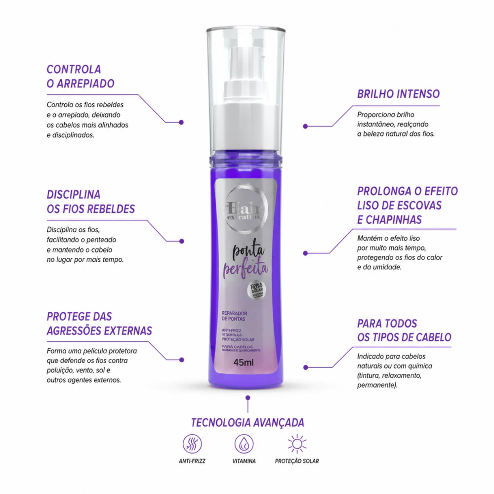 Reparador de Pontas Ponta Perfeita 45ml Hair Extrattus | Anti-Frizz, Brilho e Fios Disciplinados | Óleo Finalizador