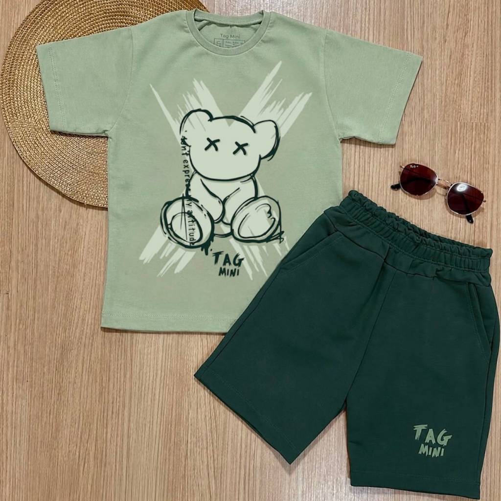 Conjunto Infantil Masculino Kit Camisa Algodão + Bermuda de Moletinho