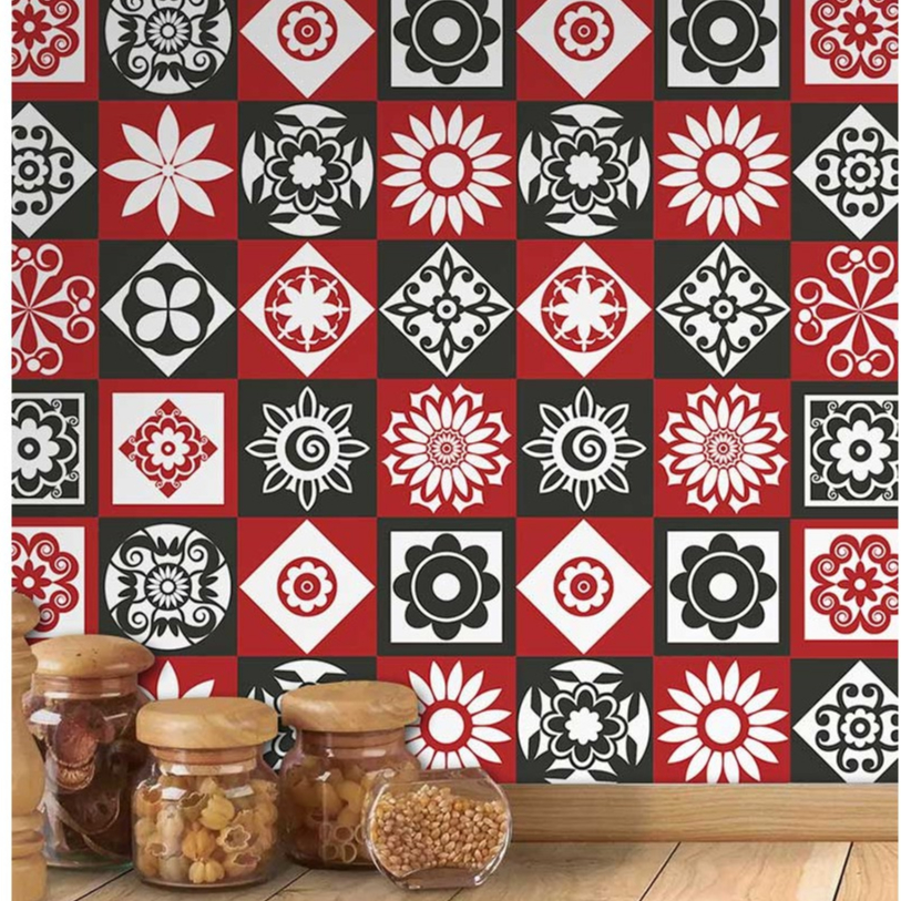 Adesivo Azulejo Grego Vermelho Mandala para Área Gourmet 5 Metros