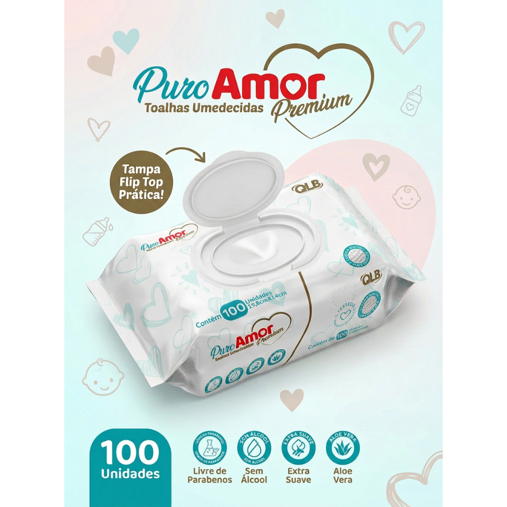 Kit 03 Pacotes Toalhas Umedecidas Puro Amor Premium com 100 Unidades Cada – Tecido Mais Grosso