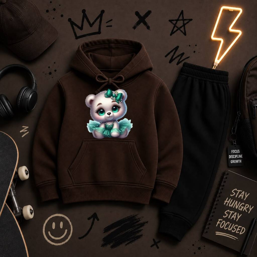 Conjunto Moletom Infantil com Capuz Canguru Calça Flanelada Macio Quentinho Estampa Delicada de Ursinha Inverno