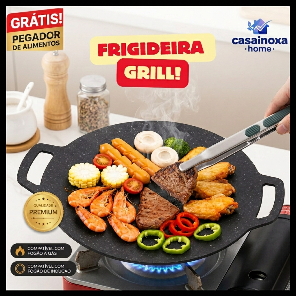 Frigideira Grill Redonda Antiaderente para Churrasco Hambúrguer Bife e Carnes