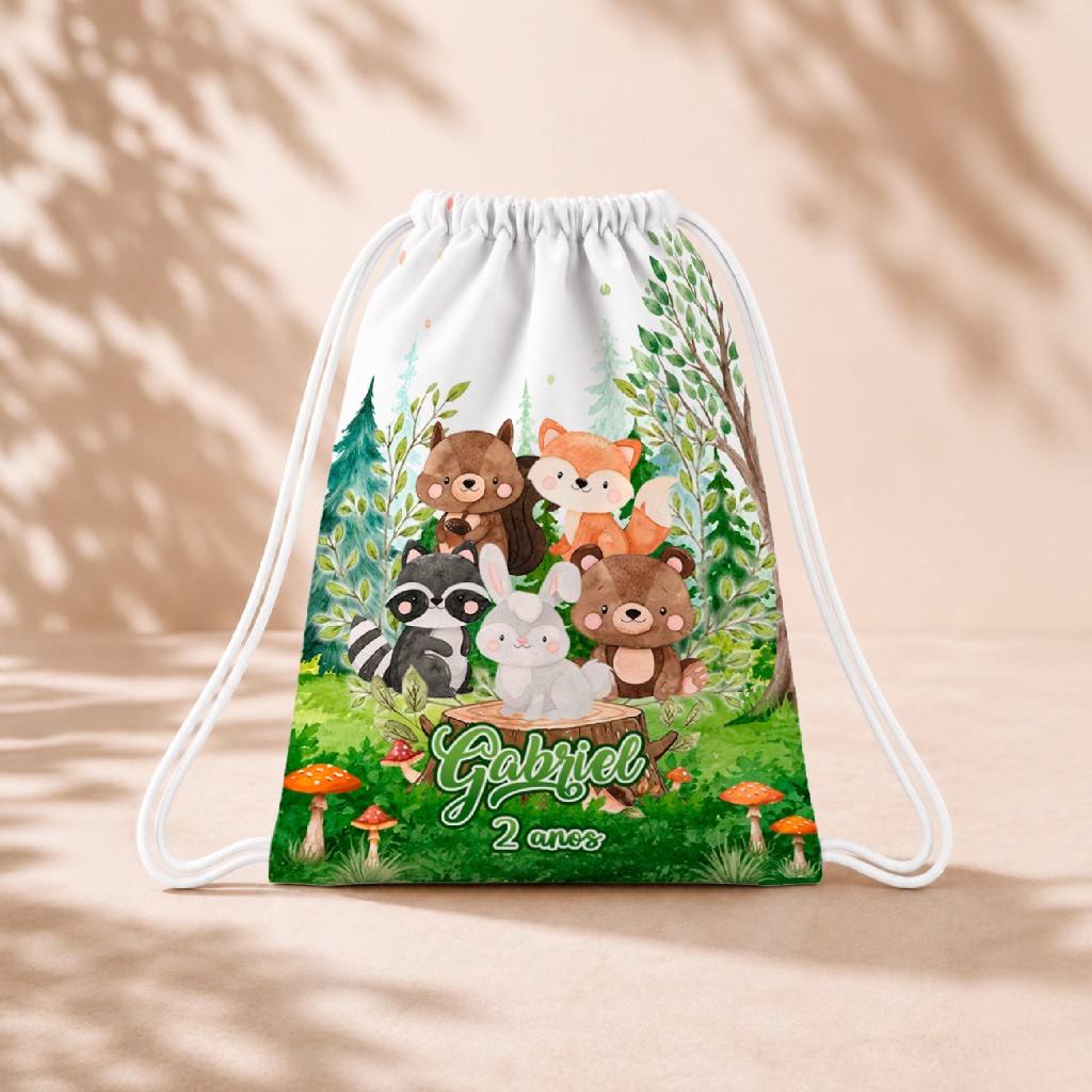 10 Mochila Personalizada Infantil 18x26 Sacolinhas Surpresa Festa Aniversário Lembrancinha Animais do Bosque Menino