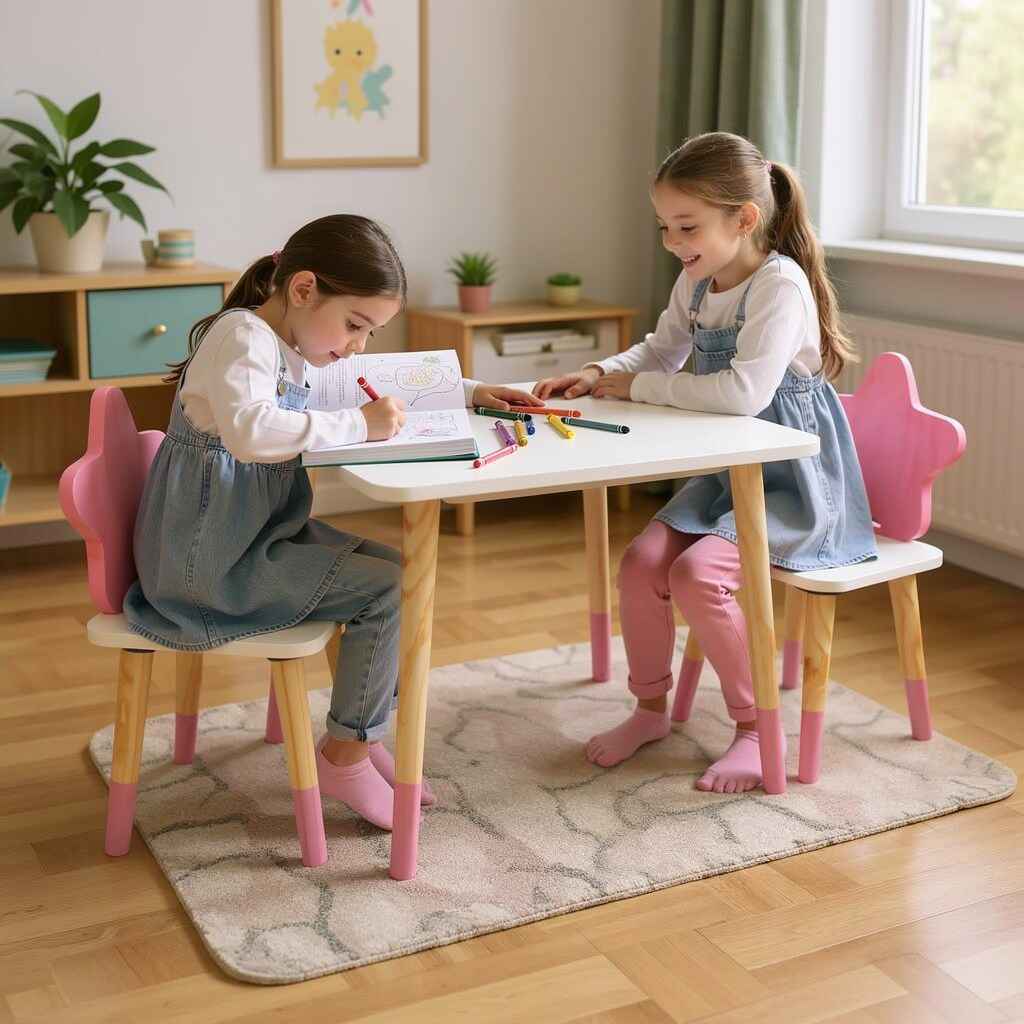 Conjunto Mesa Madeira 2 Cadeiras Estrela Infantil Mobiliário Quarto Brinquedo Kit Livro Educativo