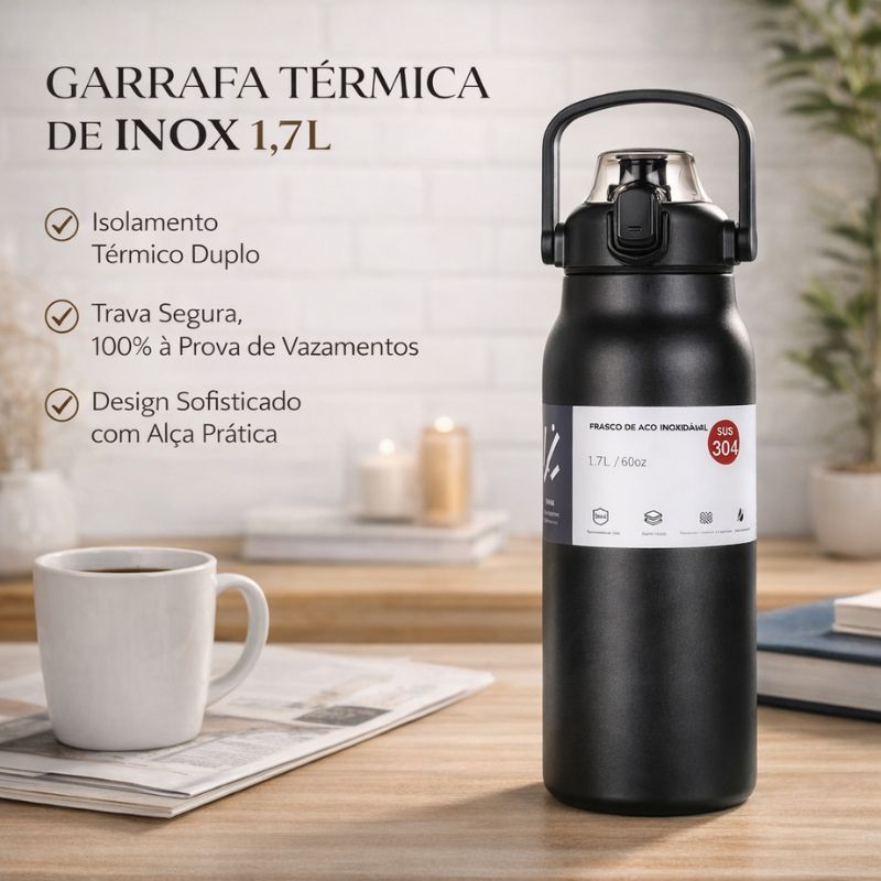Garrafa Térmica Inox 1700ml Premium | Aço Inoxidável 316 | Tampa One Touch | Alta Performance
