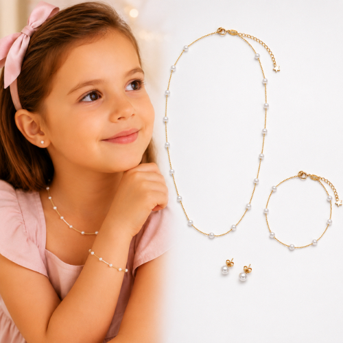 Conjunto Infantil Pérola Colar Pulseira Brinco Folheado Ouro