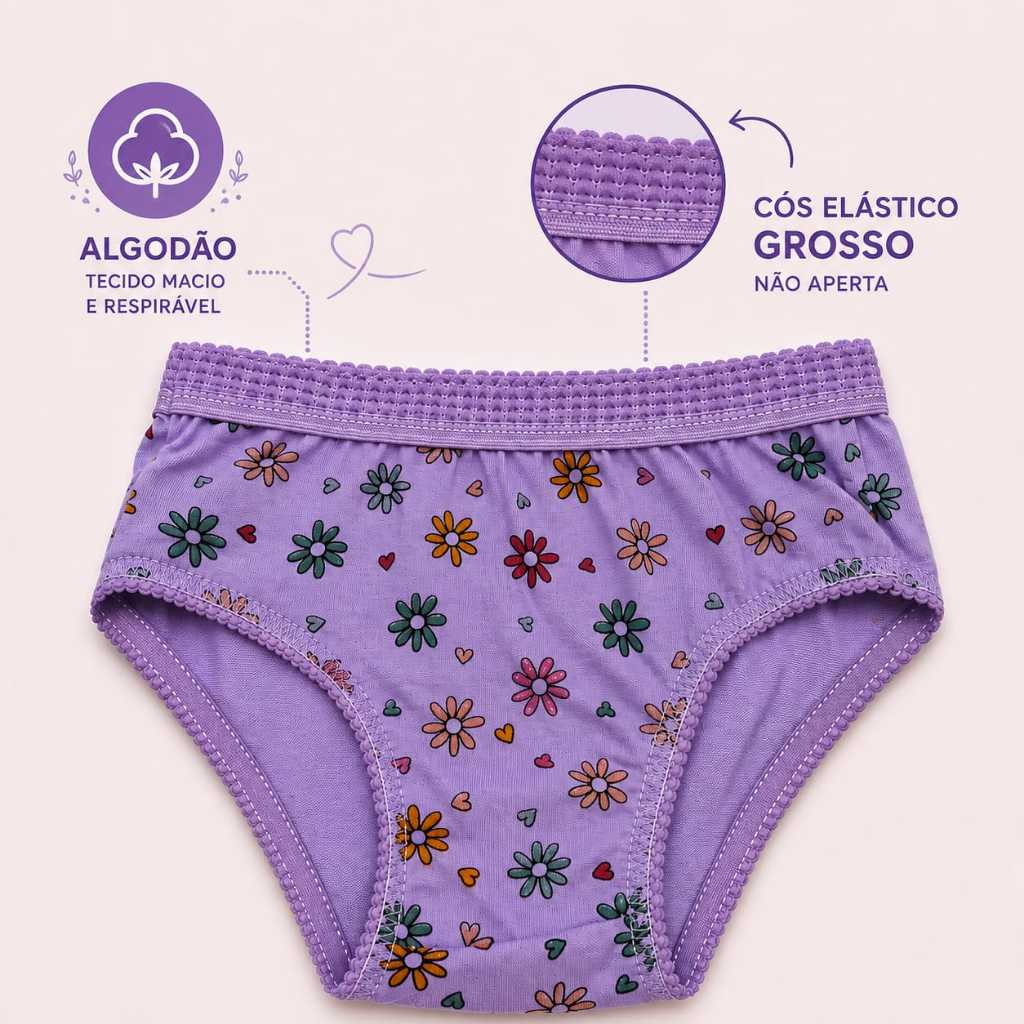 Kit 3 Calcinhas Infantil Menina  Estampadas de Algodão Cós Elástico