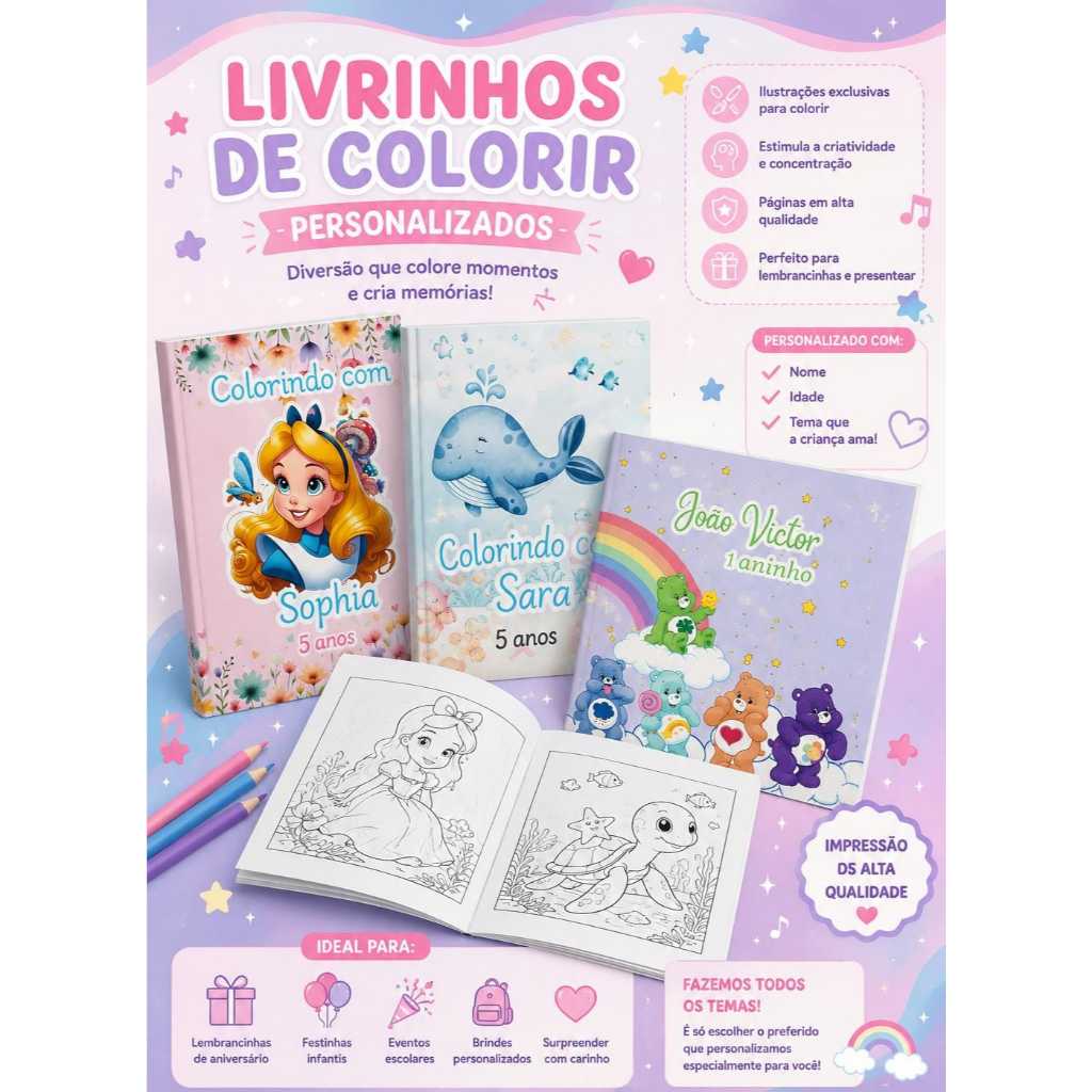 Livrinho de Colorir Personalizado Infantil | Nome, Idade e Tema | Lembrancinha de Aniversário