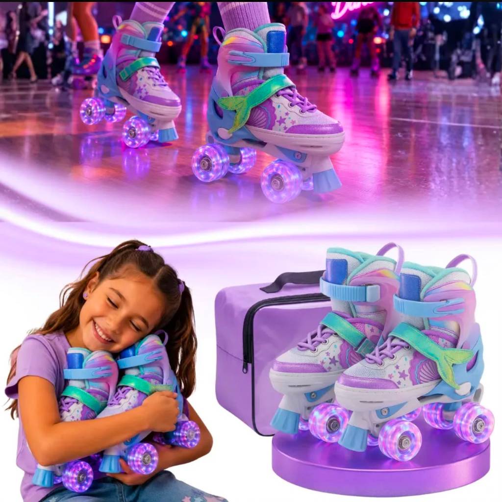 Patins Ajustável Infantil 4 Rodas Com Kit Proteção Rodinha Silicone e Led