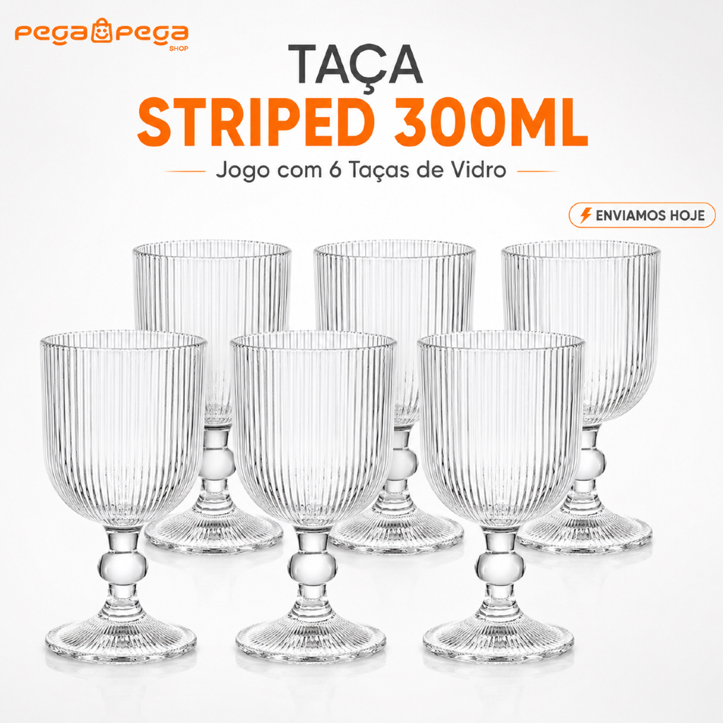 Jogo com 6 Taças Canelado Striped 300ML de Vidro Transparente Canelado para Água, Suco, Vinho e Drinks