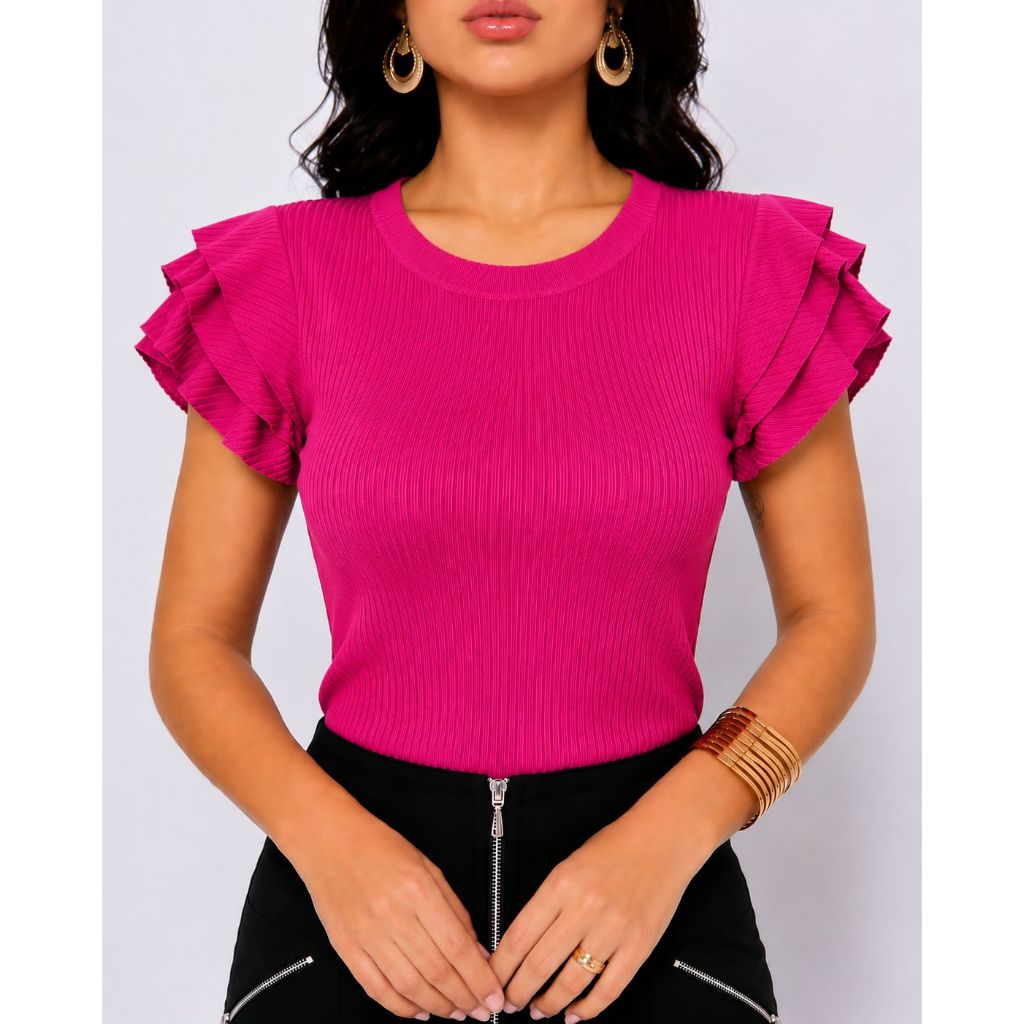 Blusa Feminina Canelada manguinha 3 Babados no ombro Blusinha Moda Blogueira