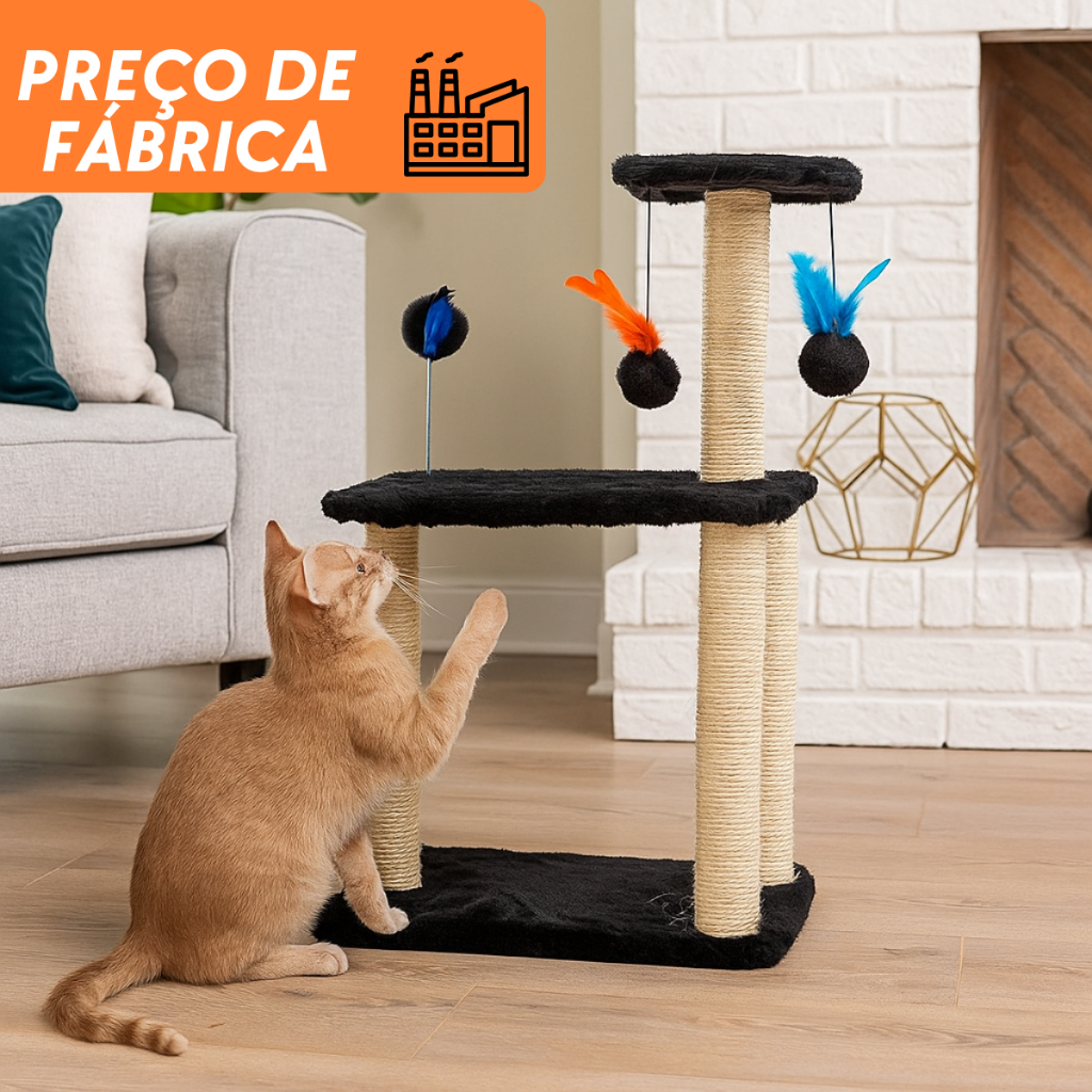 Arranhador Torre Gato Sisal Pelúcia Com Brinquedo 3 Andares
