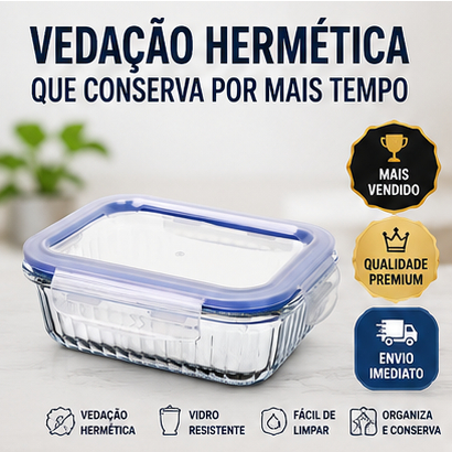 Pote Hermético Vidro Retangular 640ml Tampa com Trava Vedação Hermética Organizador de Alimentos Freezer Geladeira