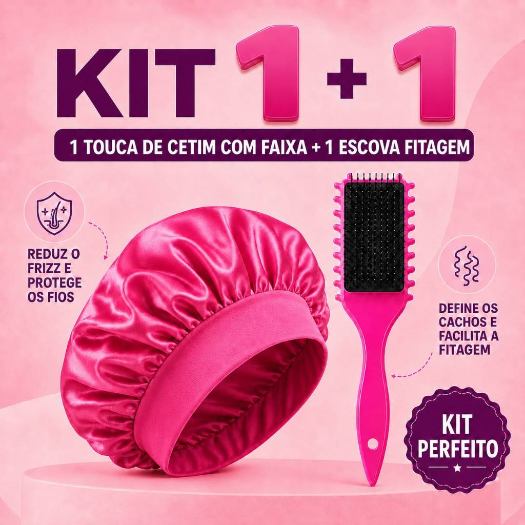 Kit Com 1 Escova Onda Fitagem + 1 Touca De Cetim Com Faixa O Combo Mais Desejado