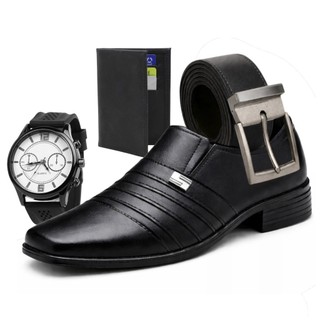 Kit Sapato Oxford Italiano Preto Casual Social Calce Fácil Masculino + Relógio + Cinto + …