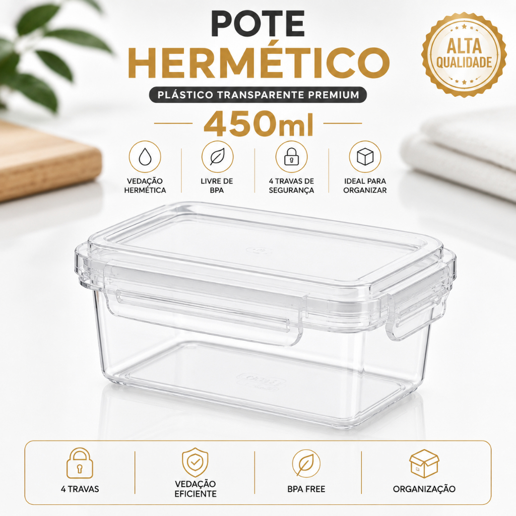Pote Hermético 450ml Transparente com 4 Travas BPA Free Organizador para Alimentos e Mantimentos