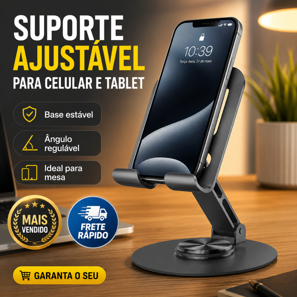 Suporte de Mesa p/ Celular e Tablet Ajustável Dobrável Resistente Ergonômico Portátil Aço Premium