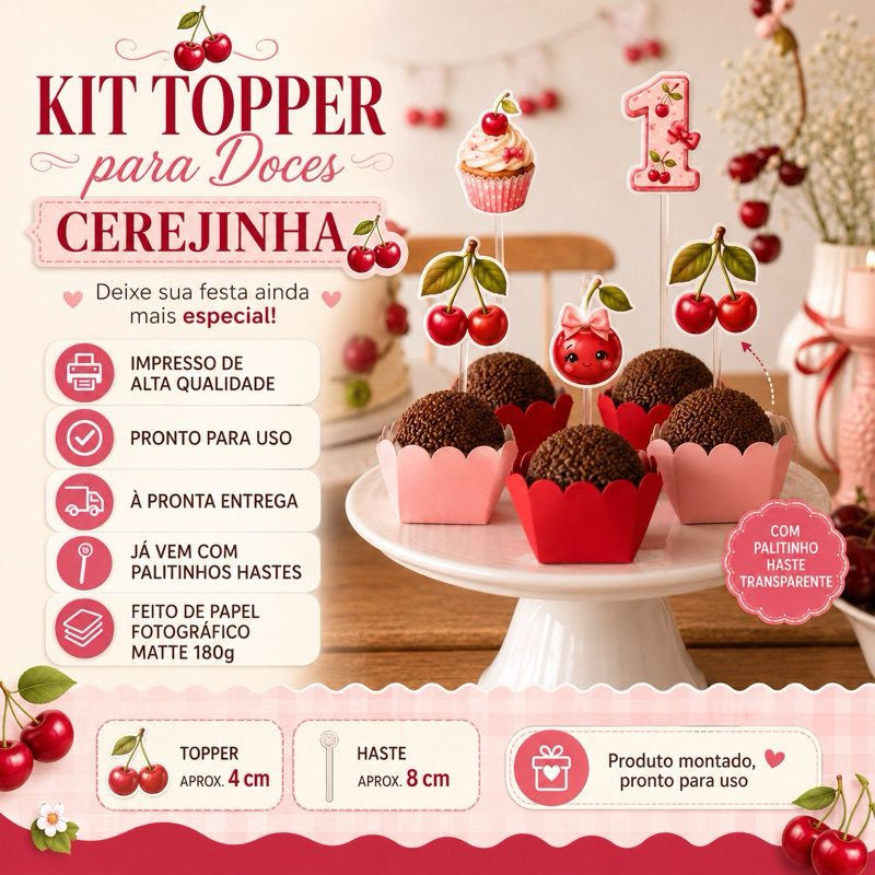Kit 30 Toppers para Docinhos Cerejinha – Decoração Festa Infantil Cereja, Aniversário e Mesversário
