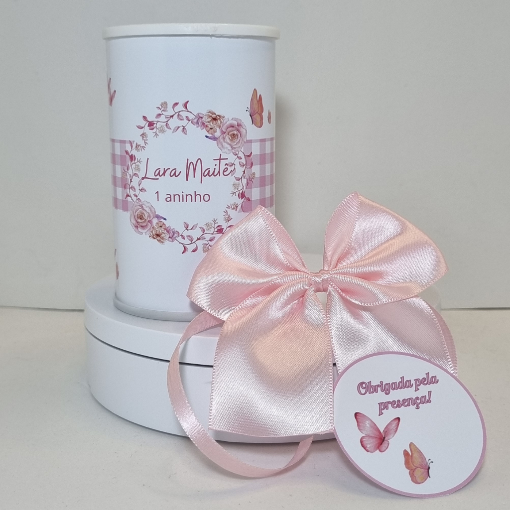 Cofrinho Personalizado Jardim encantado das borboletas embalado com laço de cetim e tag - Lembrancinha de aniversário