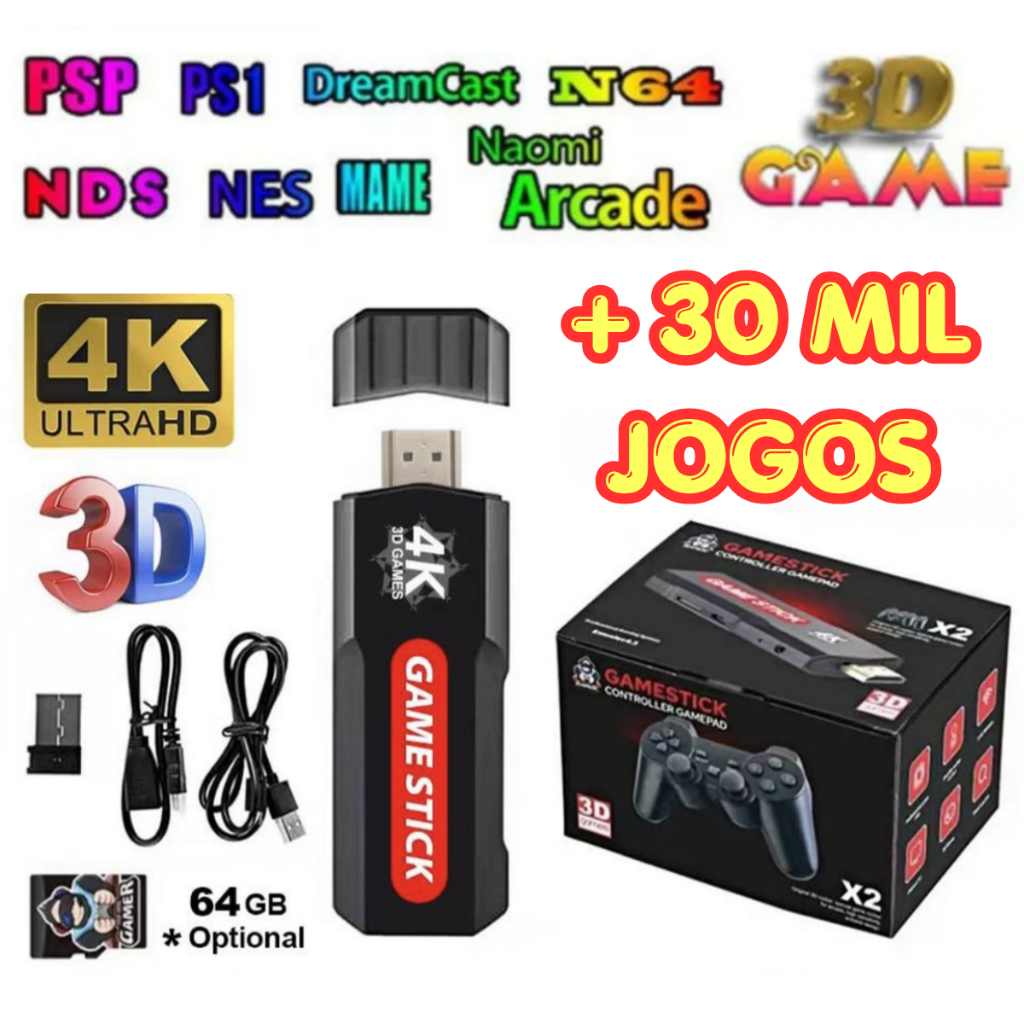 Imagem Videogame Stick GD10 4K 64GB +37 Mil Jogos 2 Controles Retrô PSP PS1 GBA