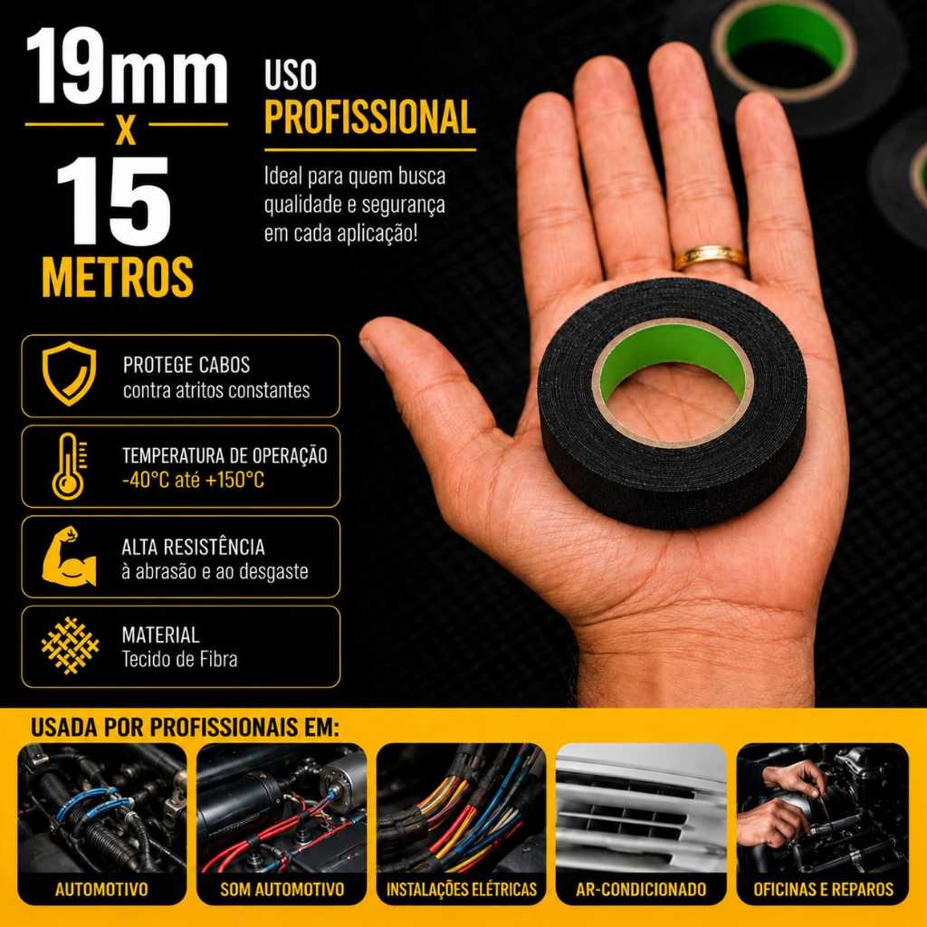 FITA ISOLANTE TECIDO 15 METROS AUTOMOTIVA CHICOTE SOM ANTICHAMA FIOS CABOS ALTAS TEMPERATURAS