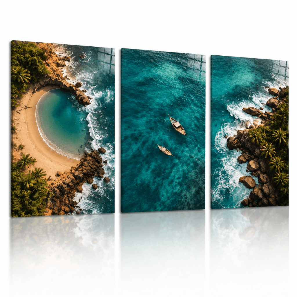 Kit 3 Quadros Decorativos Praia Mar Paisagem Oceano Azul Vista Aérea Sala Quarto Escritório