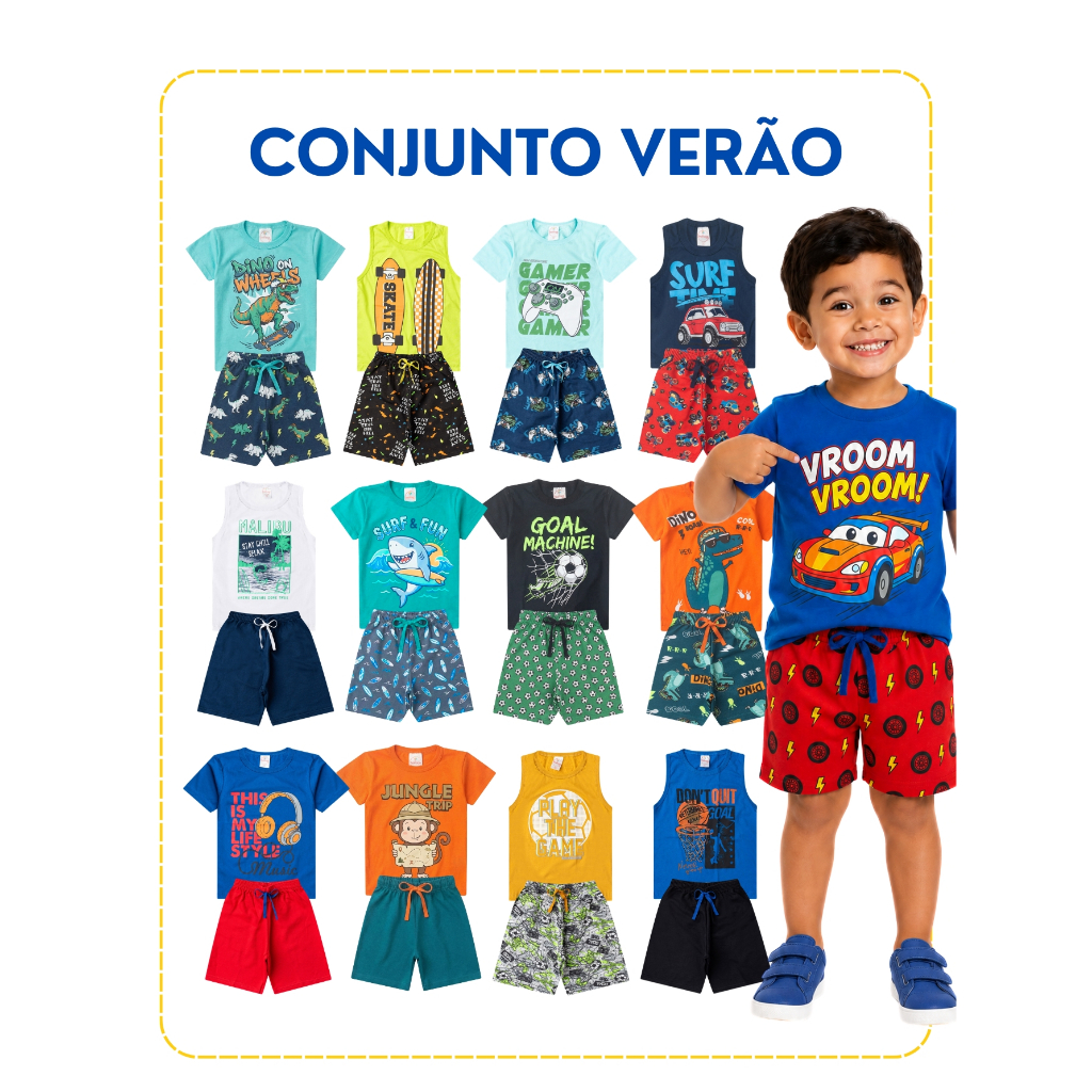 Kit 10 Peças de Roupa Infantil Menino Verão Algodão 5 Camisetas + 5 Bermudas 1 ao 14 · foto 2