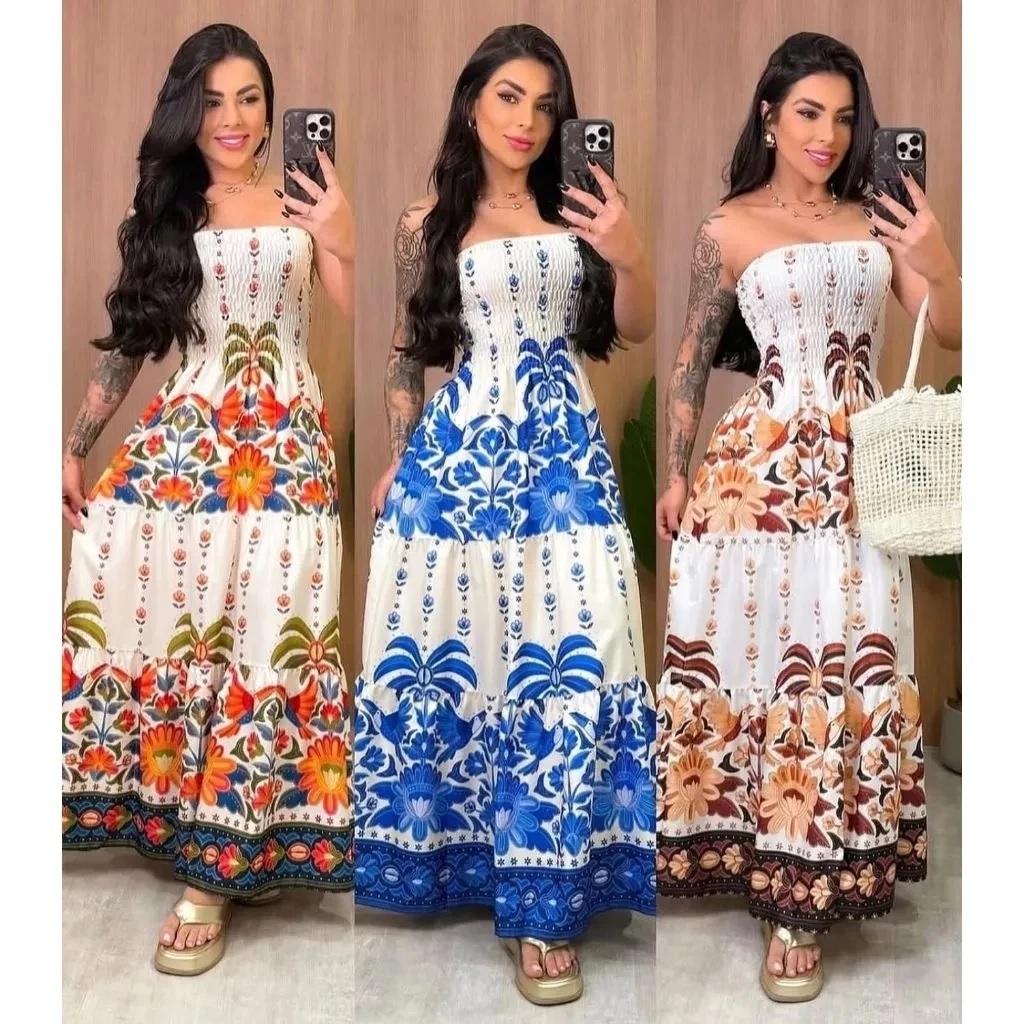 Vestido Tropical Longo Tomara que Caia Estampado – Moda Feminina 2026 ENTREGA IMEDIATO