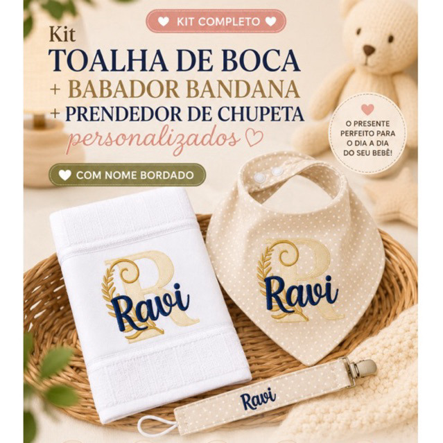 Kit Toalha de Boca + Babador Bandana + Prendedor de Chupeta Personalizados com Nome