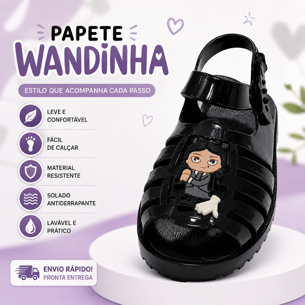 Sandalia Infantil Plataforma Wandinha Menina Sandália Confortável com Personagem Antiderrapante